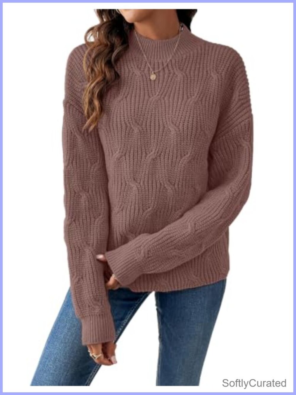 Womens Oversized Mockneck Cable Knit Long Sleeve Pullover Sweater